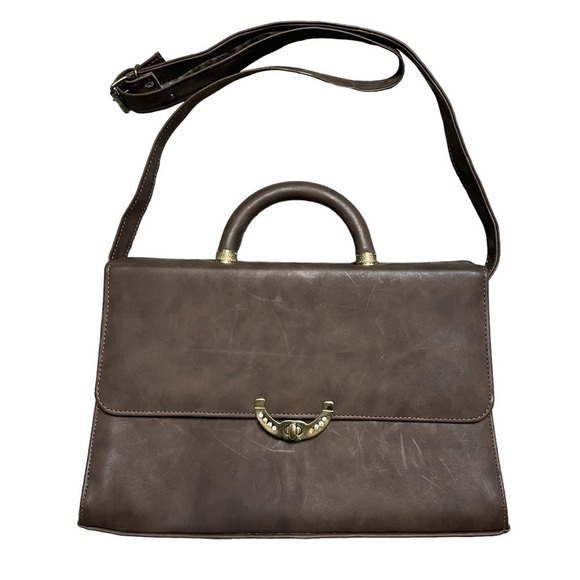 Vintage academia briefcase purse turn lock brown leather crossbody - Picture 1 of 4